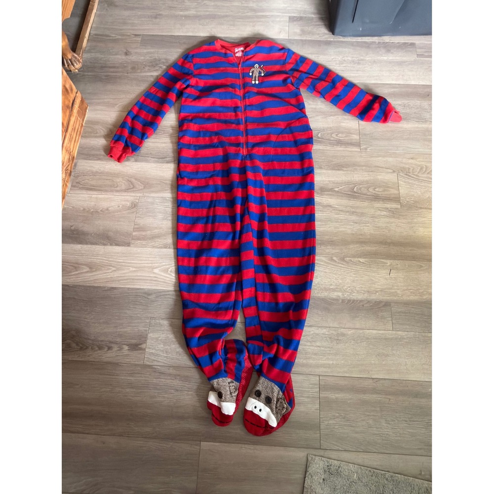 Nick & Nora Footed Pajamas Unisex Small Red Blue Striped Sock Monkey Fleece Zip